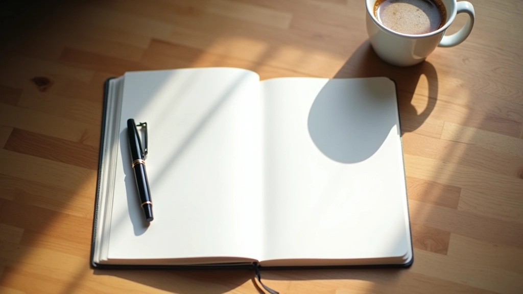 Notitieboek en pen op een houten bureau met kopje koffie, natuurlijk licht