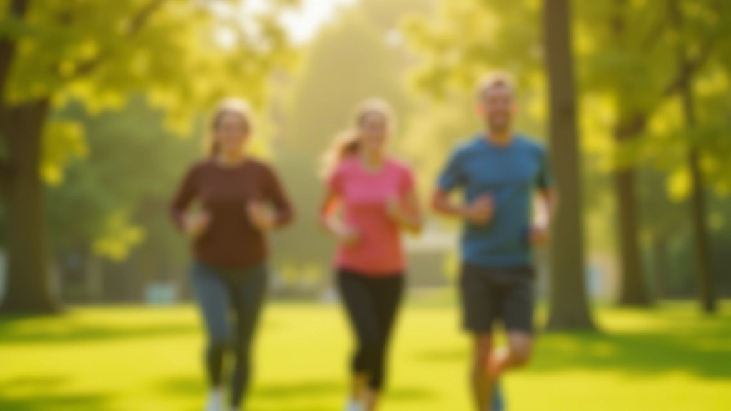 Groep mensen joggen samen in een groen park, ochtendlicht, vrolijk moment