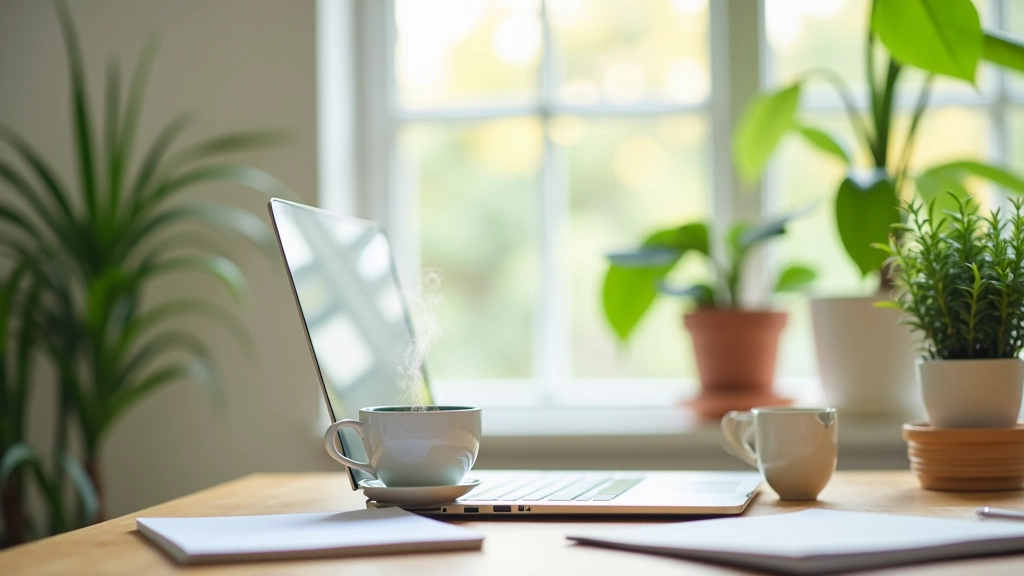 Rustige werkplek met laptop, planten en kopje thee