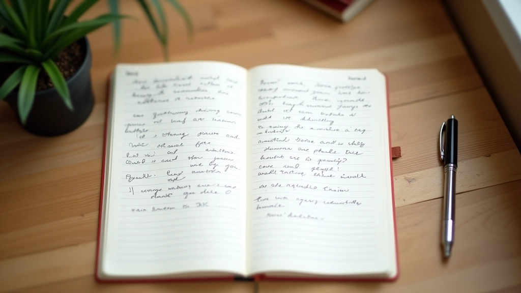 Twee pagina's van een notitieboek met handschrift, pen ernaast op bureauoppervlak met plant op achtergrond