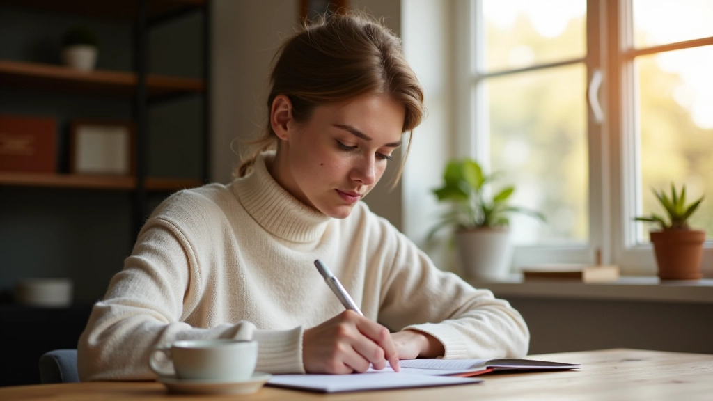 Persoon schrijvend in notitieboek aan bureau met kopje thee