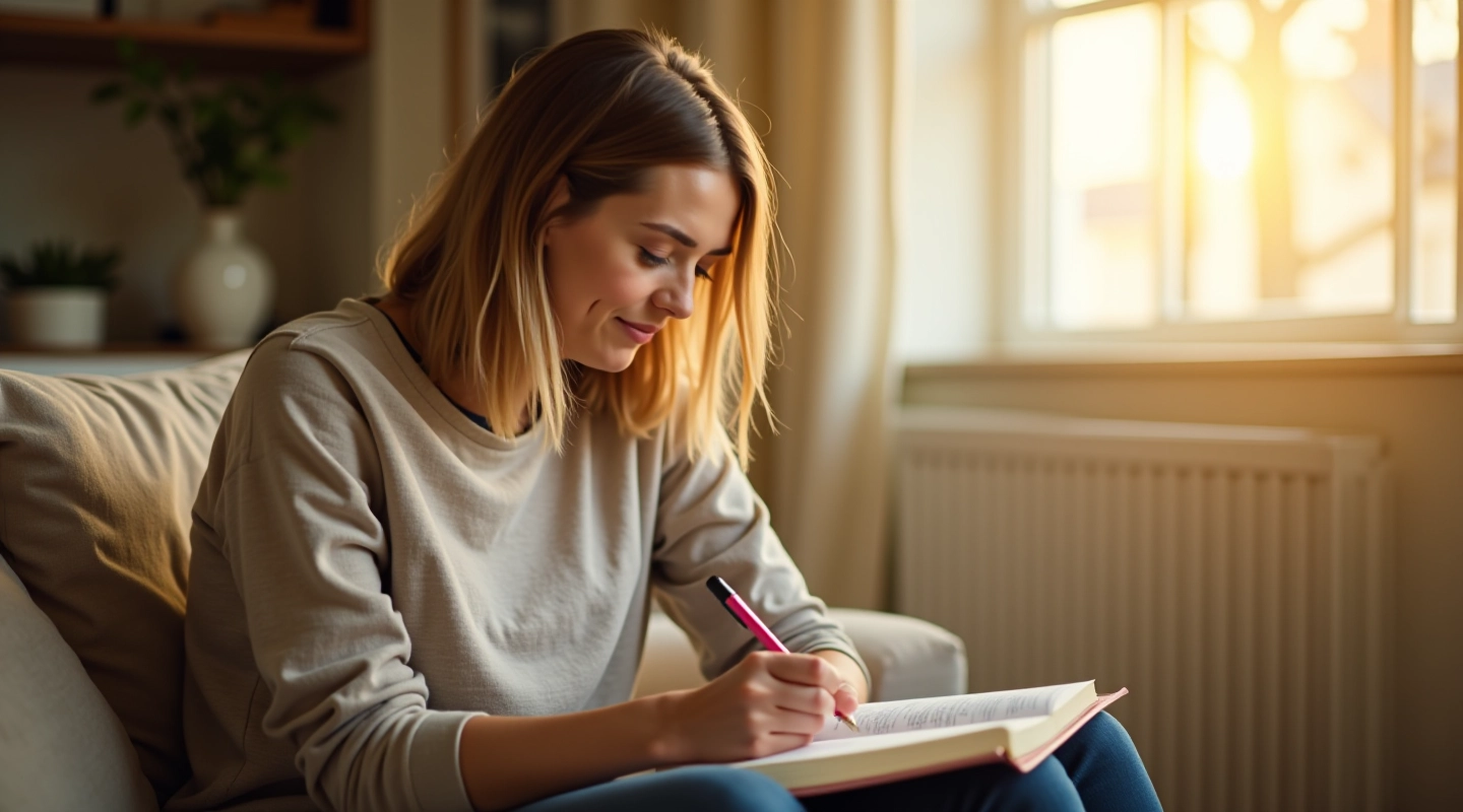 Persoon zittend op een bank met notitieboek en pen, zonnig interieur