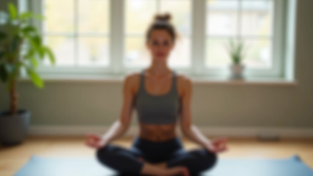 Persoon in yoga pose op mat, lichaam zichtbaar ontspannen, natuurlijk daglicht van raam, minimale achtergrond