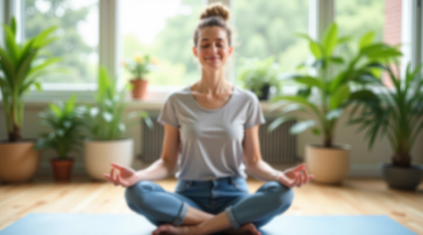 Persoon zittend in meditatiehouding in rustig interieur met planten