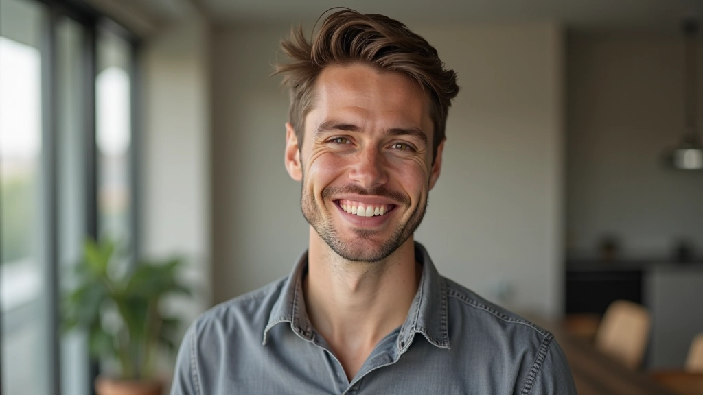Persoon die zelfverzekerd en rustig naar voren kijkt, modern interieur, zachte verlichting, portret van bovenaf de borst