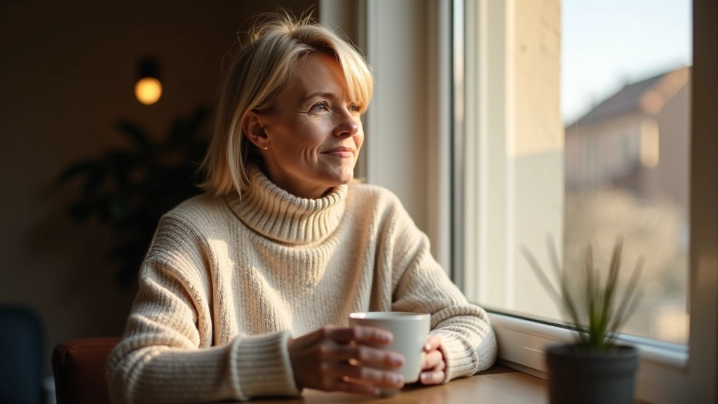 Persoon zittend bij raam met kopje koffie, ochtendlicht