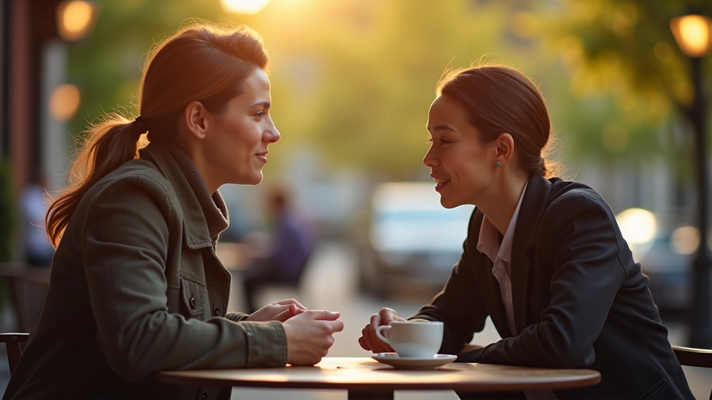 Twee personen in gesprek zittend in een café, koffie kopjes op tafel