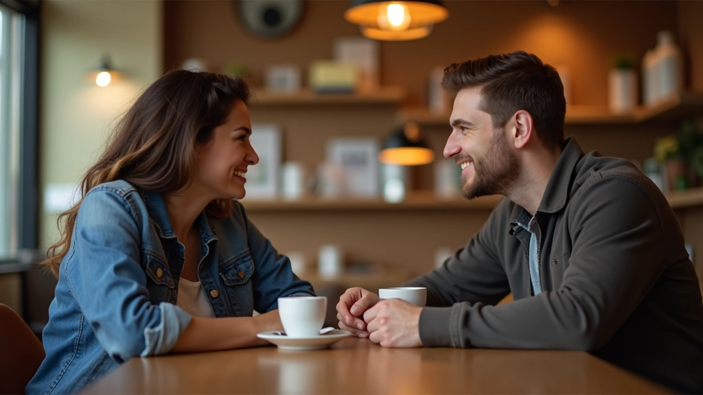 Twee personen in een constructief gesprek, koffie shop setting, warm licht, vriendelijke sfeer