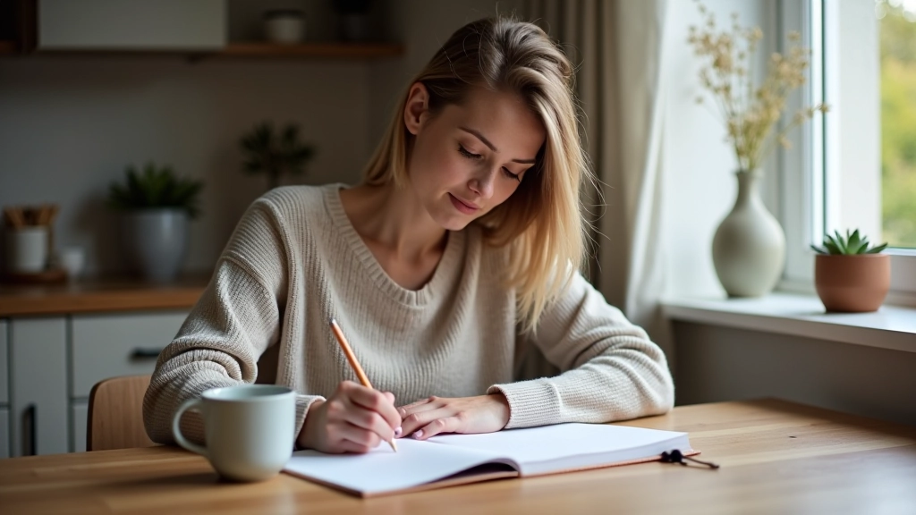 Vrouw schrijvend in notitieboek aan tafel met kopje thee, concentratie en kalm moment